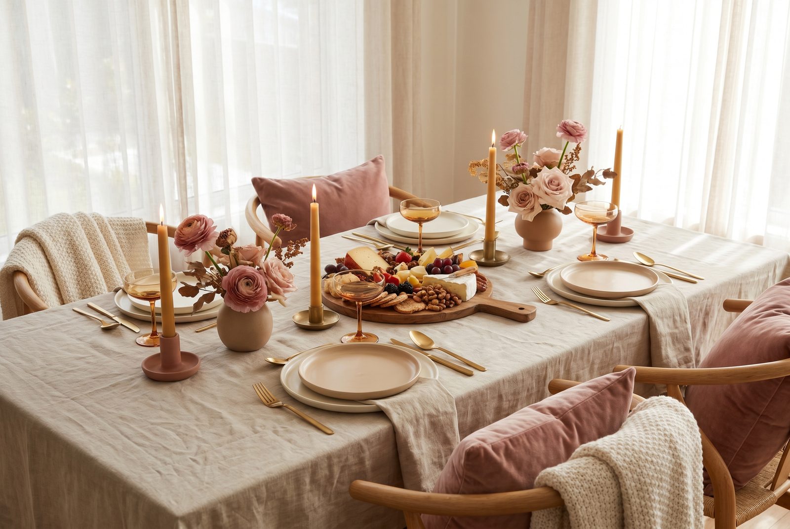 Gedeckter Mädelsabend-Tisch in warmem Beige mit Kerzen, Blumen und Coupé-Gläsern