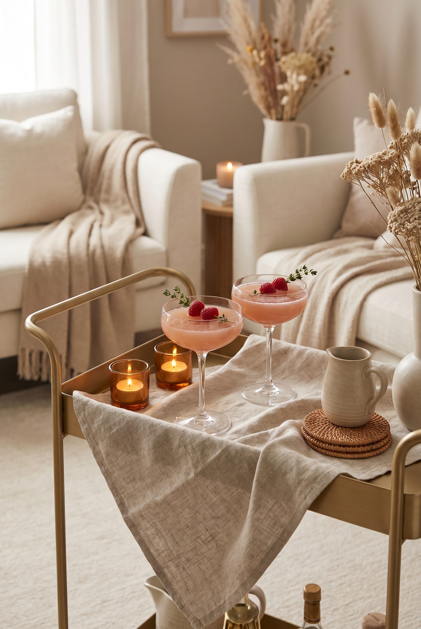 Bunte Cocktails mit Garnituren und ein Shaker bei einem glamourösen Mädelsabend