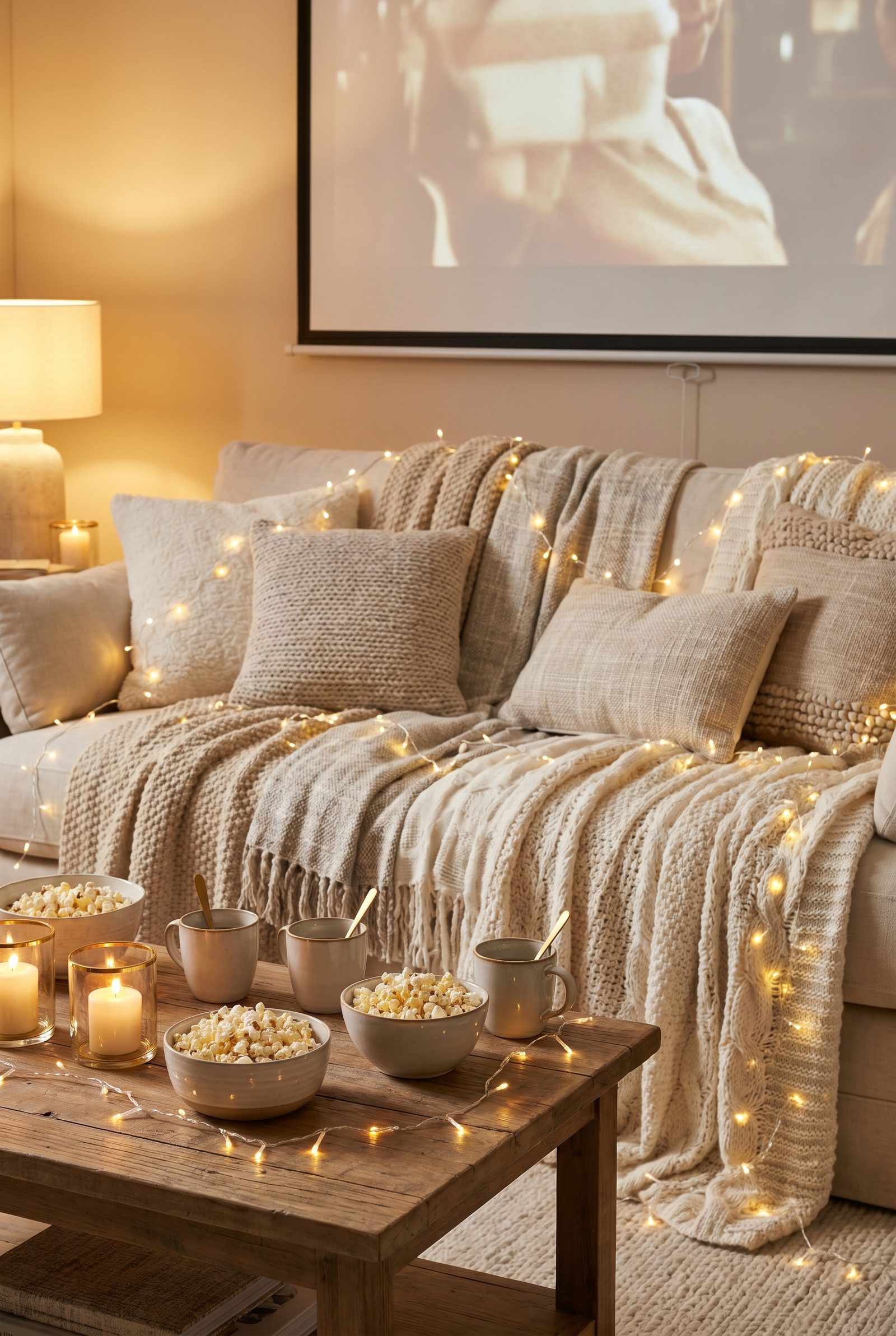 Gemütlicher Filmabend zuhause mit Mini-Beamer, Leinwand, Decken und Popcorn