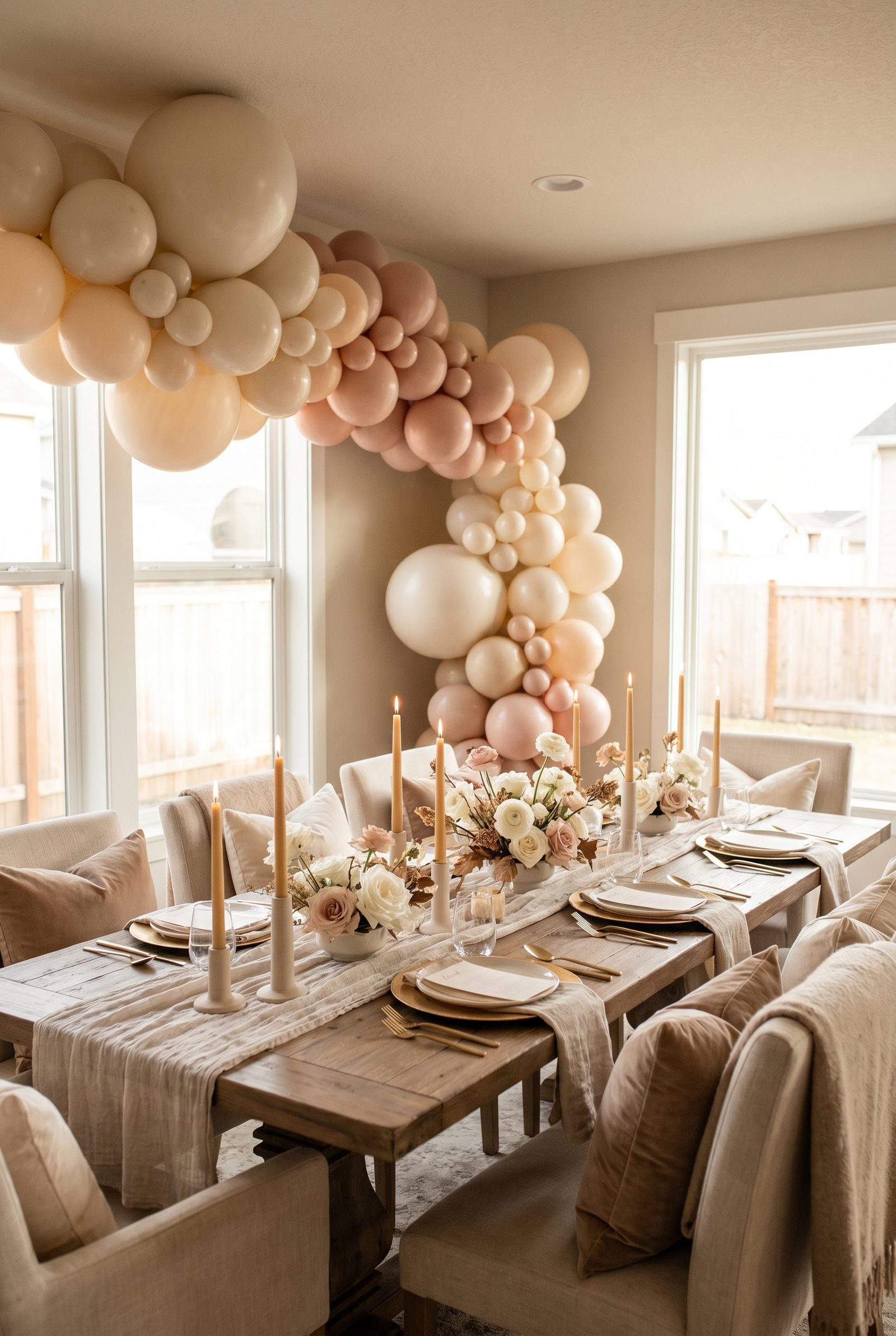 Elegante Mädelsabend-Partydeko in warmem Beige und Rosé mit einer Ballongirlande, Kerzen und Blumen