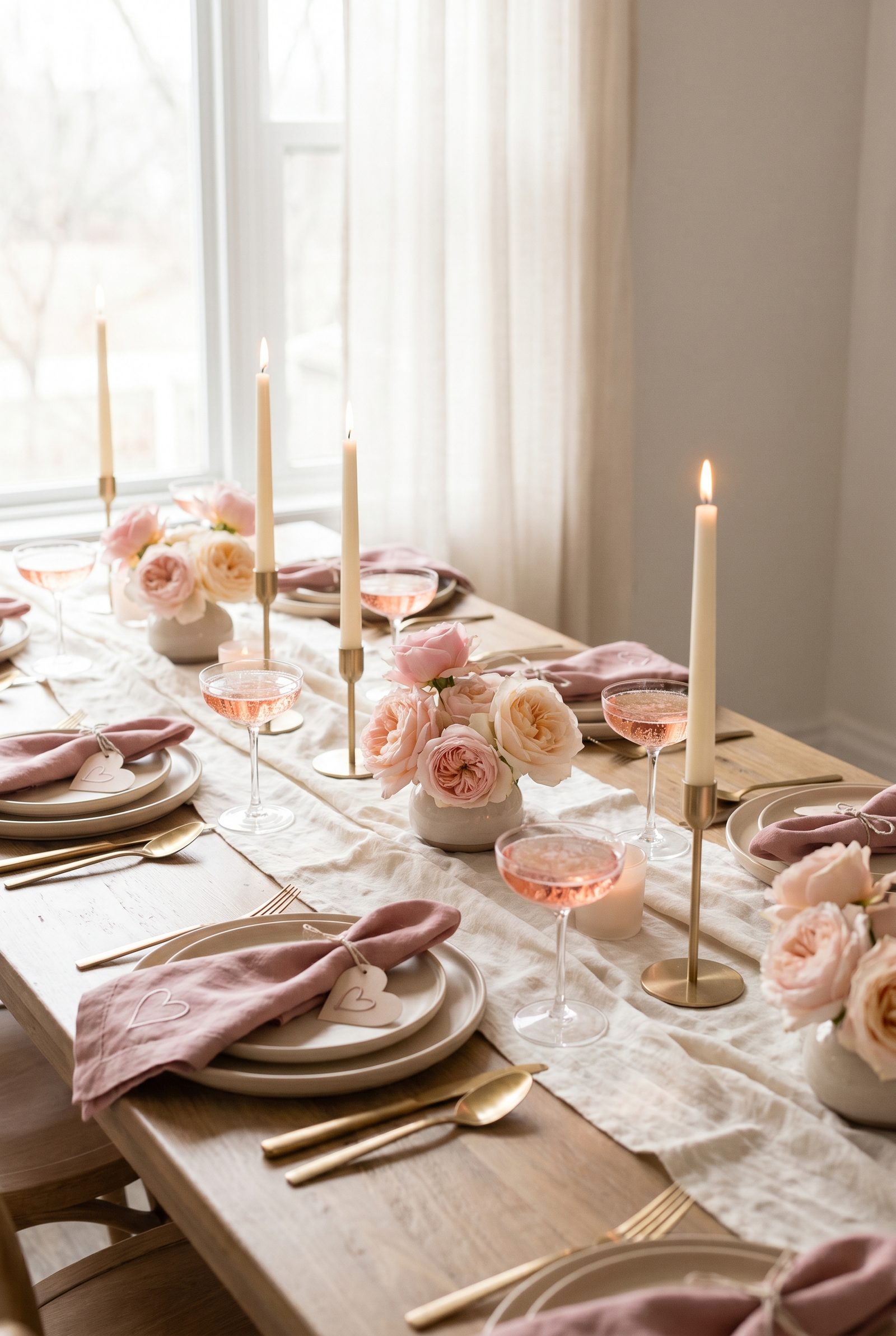 Eleganter Galentine's-Day-Tisch in warmem Beige und Altrosa mit zartrosa Rosen, Kerzen und Coupé-Gläsern