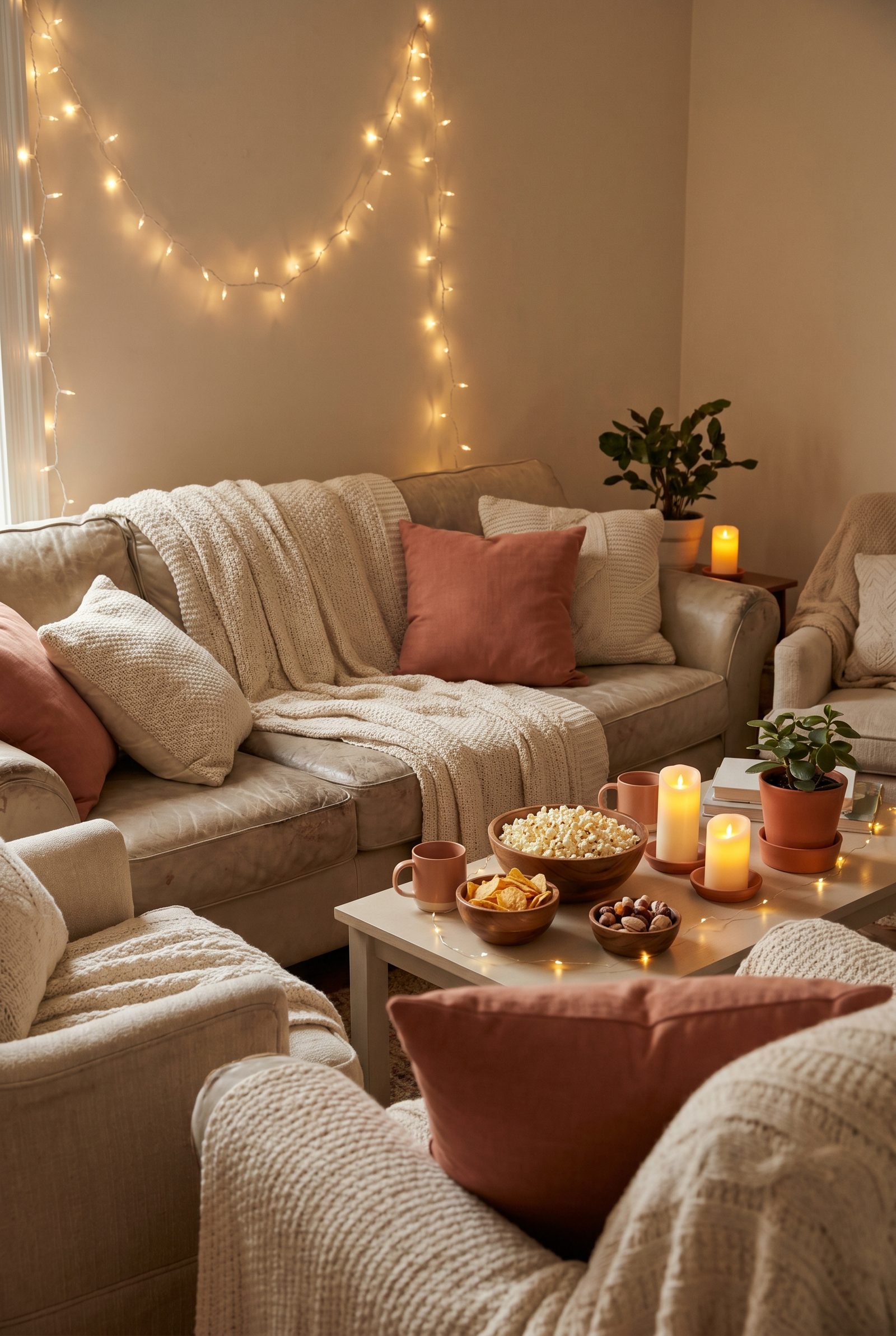 Gemütlicher Mädelsabend mit kleinem Budget: neutrale Decken, Lichterkette, Snacks und Drinks in einem warmen, beigefarbenen Wohnzimmer