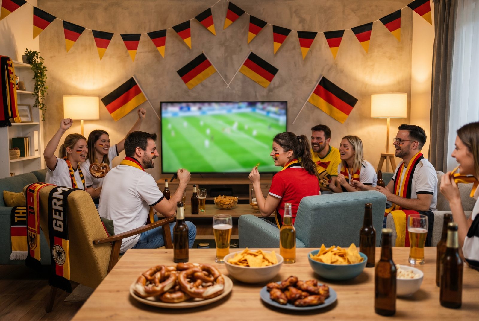 WM-Party zuhause in schwarz-rot-gold mit Fahnen, Snacks und großem Bildschirm