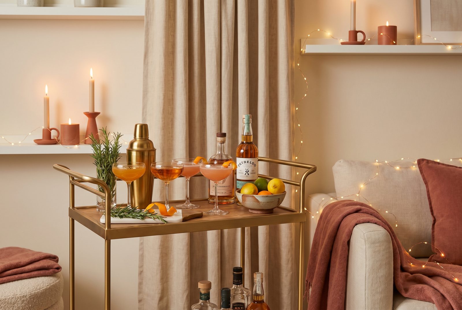 Eleganter Cocktailabend zuhause mit Barwagen, Coupé-Gläsern und Zitrusfrüchten