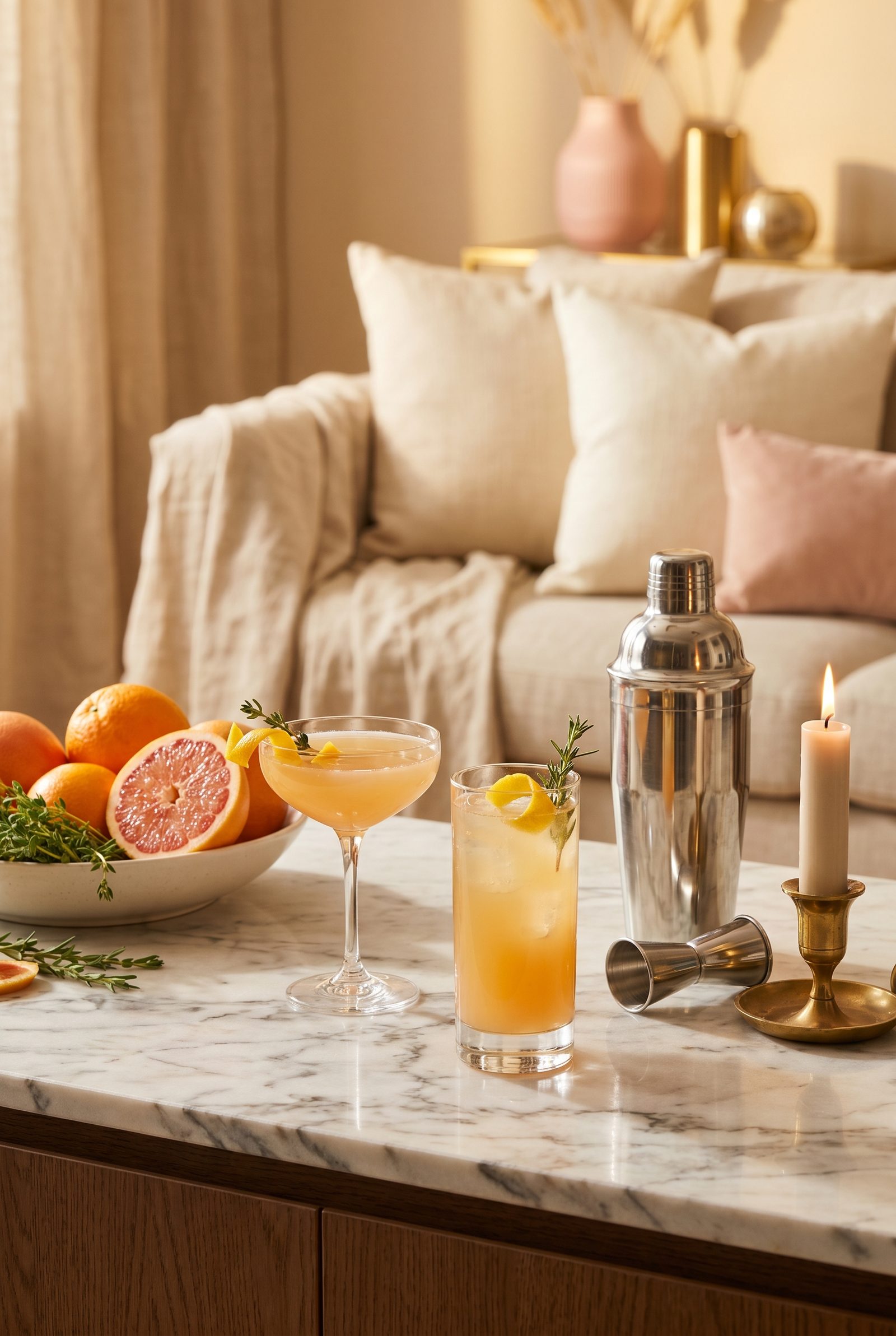 Eleganter Cocktailabend zuhause mit Coupé-Gläsern, Karaffe, Zitrusfrüchten und Kerzenlicht in warmen Beigetönen