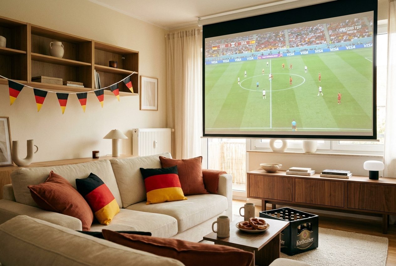 WM-Spiel zuhause: Wohnzimmer in schwarz-rot-gold mit Bildschirm, Snacks und Fahnen