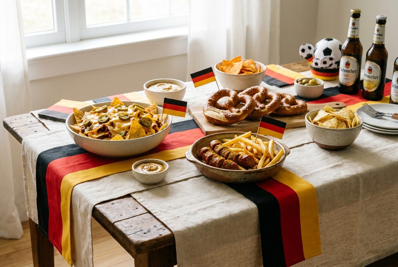 WM-Snacktisch in schwarz-rot-gold mit Nachos, Brezeln, Currywurst und kleinen Deutschland-Fahnen