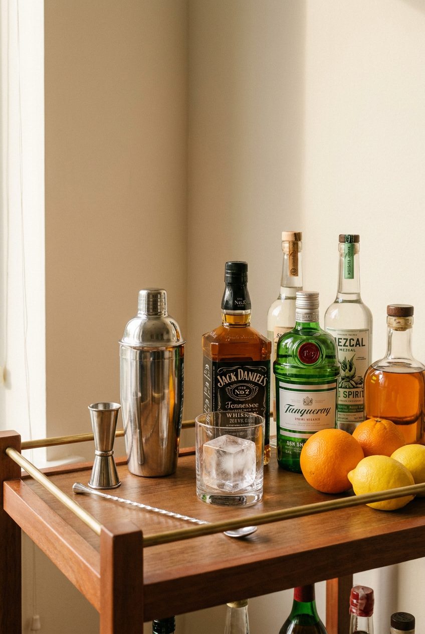 Hausbar-Setup mit Cocktail-Shaker, Jigger, Barlöffel, Spirituosen und Zitrusfrüchten