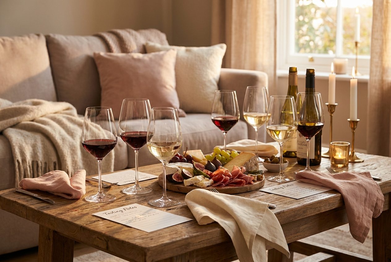 Wine Tasting mit den Girls zuhause: Weingläser, Käse-Board, Trauben und Verkostungskarten auf einem warmen Tisch