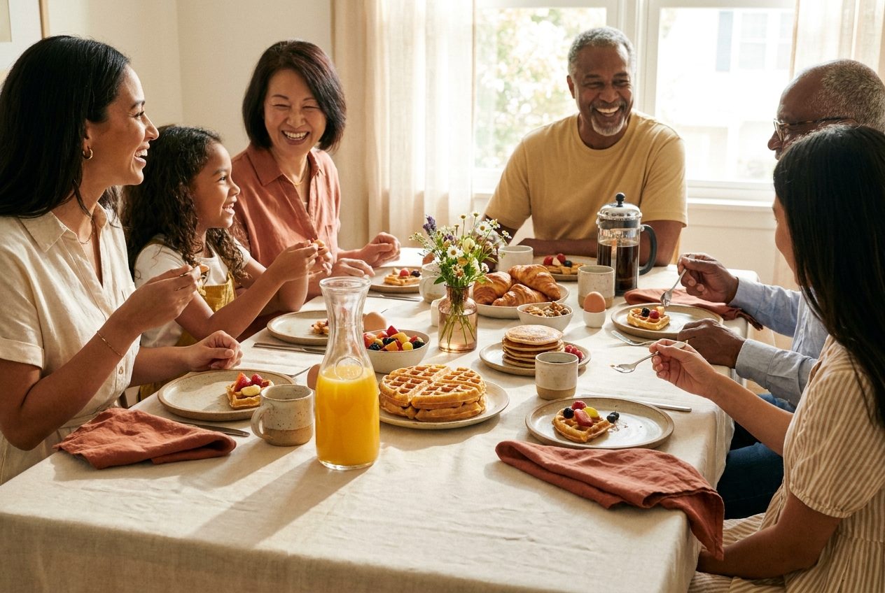 Sonntags Family Brunch Tisch mit Waffeln, Obst, Saft und Kaffee