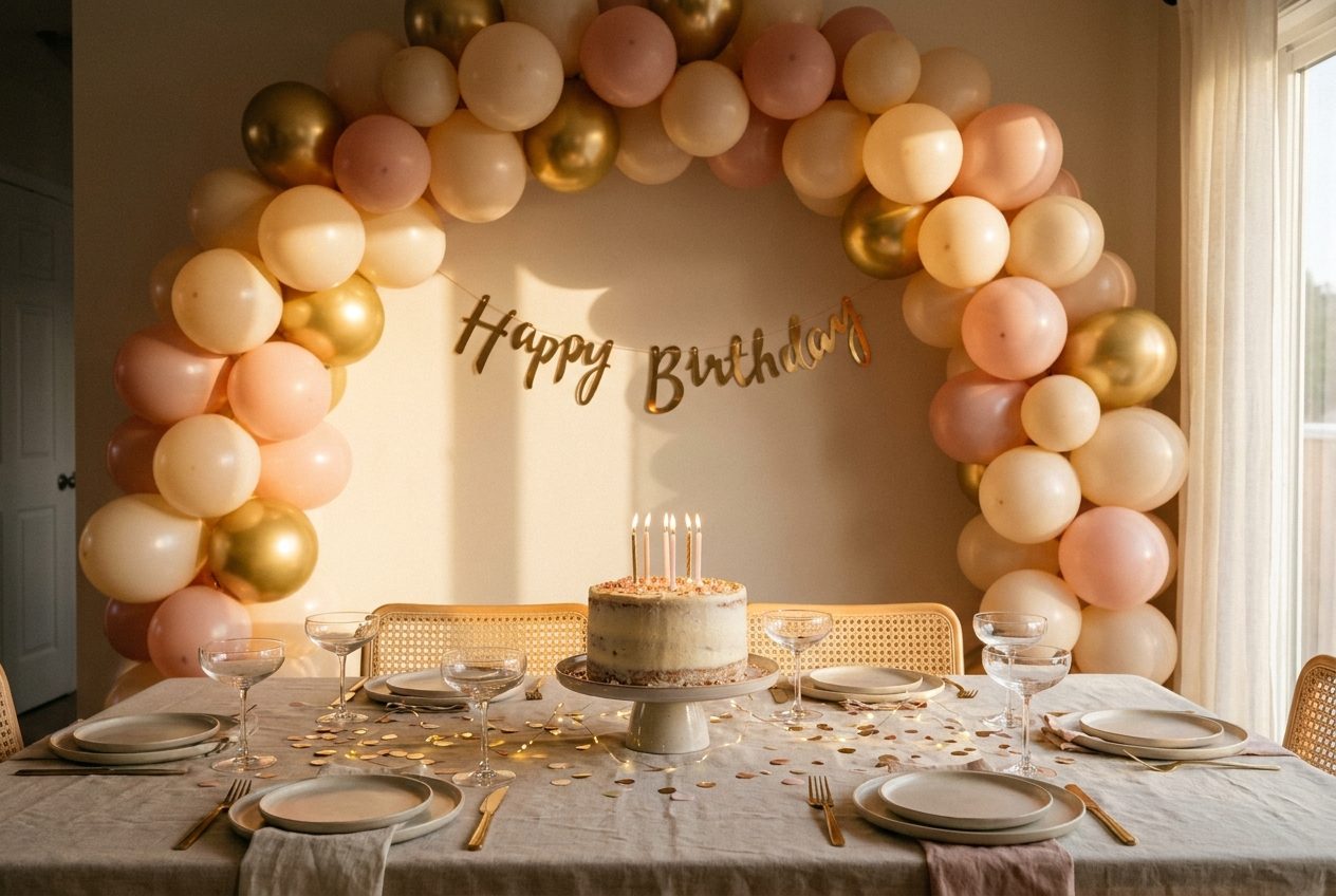 Geburtstag zuhause mit Ballon-Girlande, Torte und Lichterketten