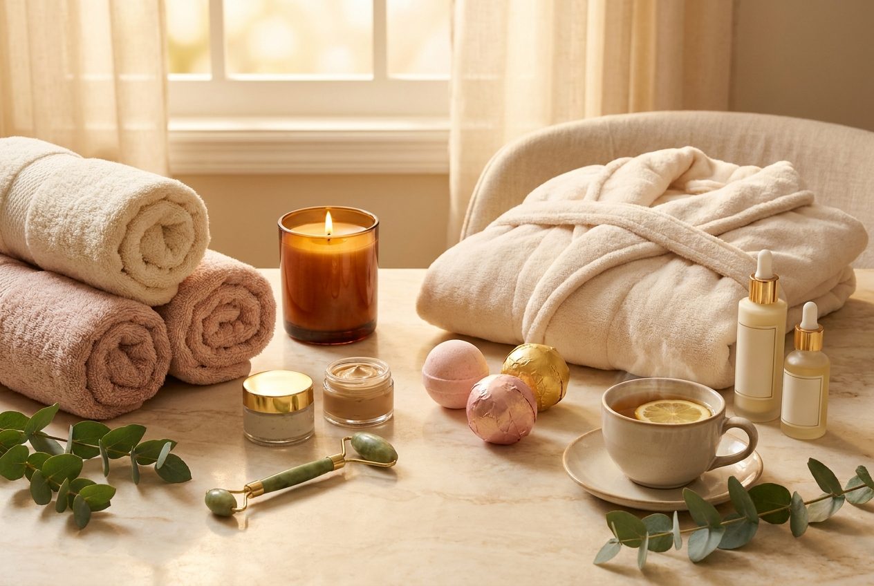 Spa-Abend zuhause mit Kerzen, Masken, Badebomben und Tee