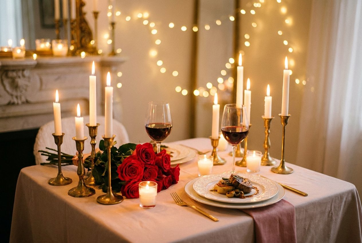 Romantischer Valentinstag-Tisch für zwei mit Kerzen, Rosen und Weingläsern