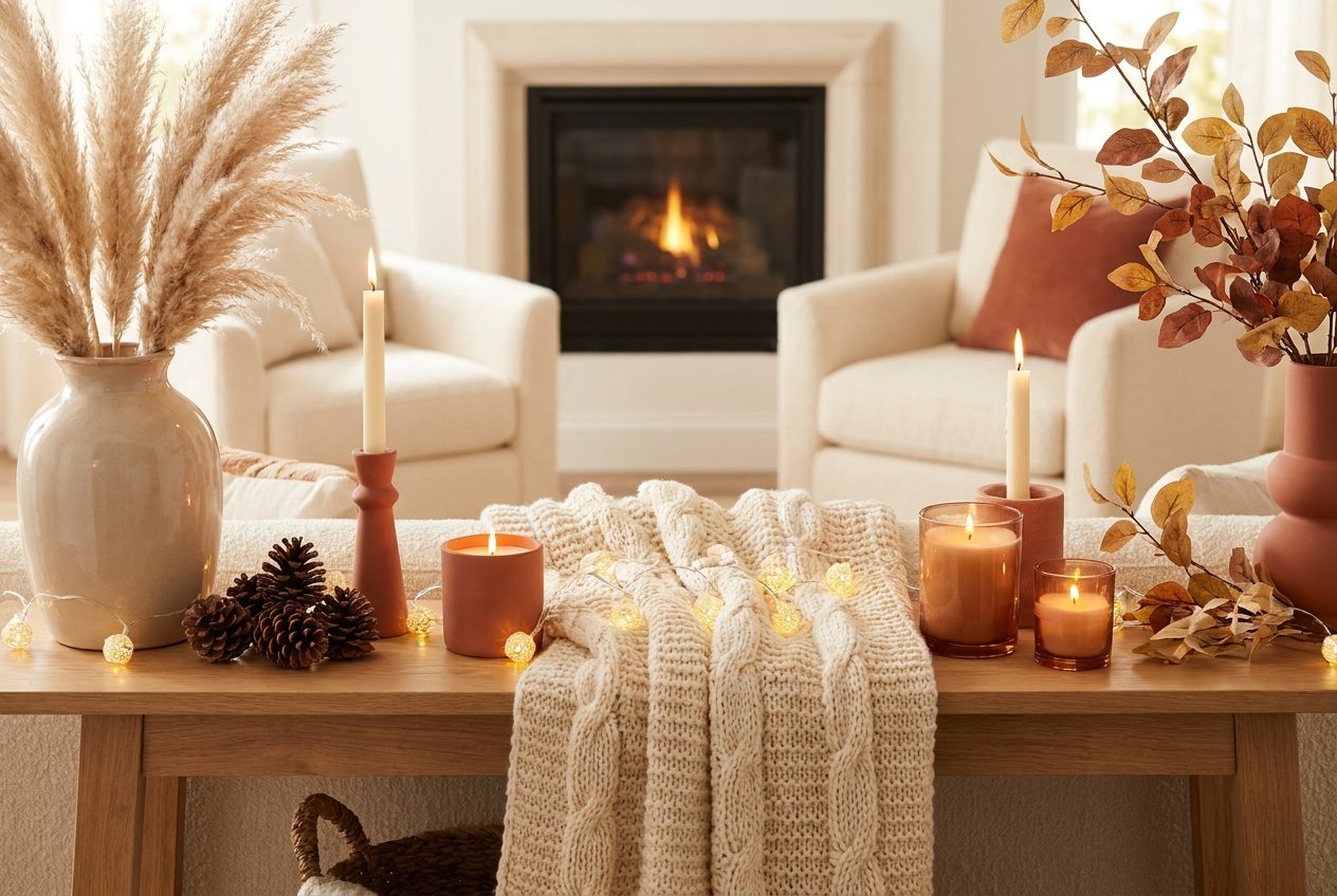 Gemütliche Herbst- und Winter-Deko mit Kerzen, Lichterketten, Strickdecke, Trockenblumen und Tannenzapfen