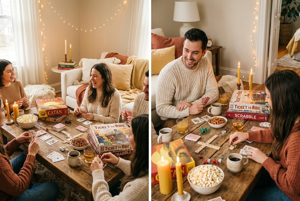 Gemütlicher Spieleabend mit Brettspielen, Karten, Snacks und Lichterketten