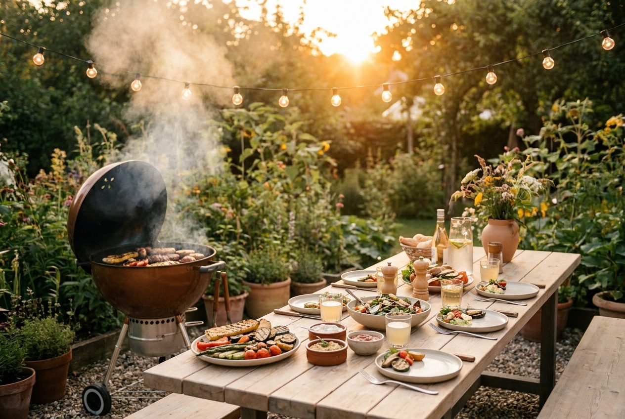 Grillabend im Garten mit Grill, gedecktem Tisch und Lichterketten