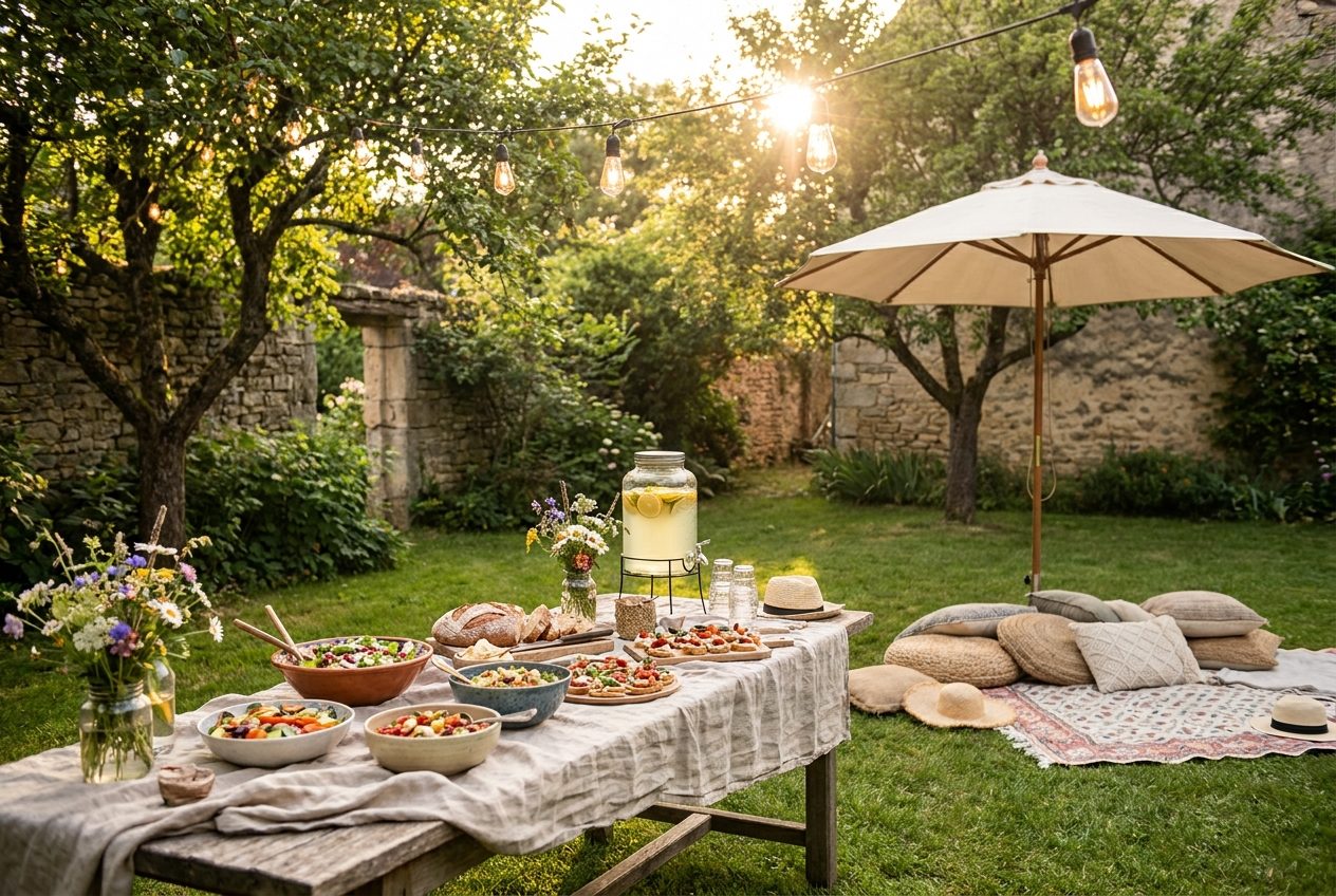 Sommerliche Gartenparty bei Sonnenuntergang mit langer Tafel, Getränkespender und warmen Lichterketten