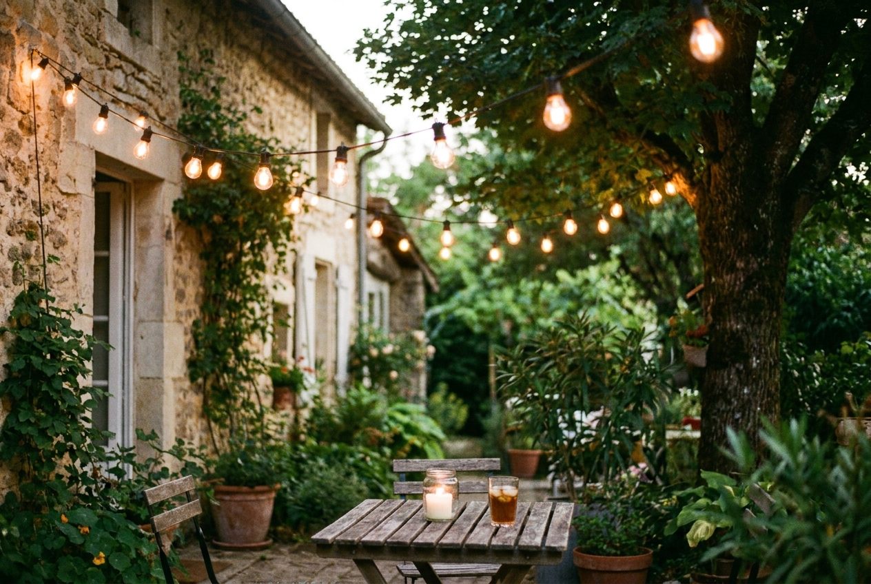 Warmweiße Outdoor-Lichterkette mit Glühbirnen über einer gemütlichen Terrasse in der Abenddämmerung