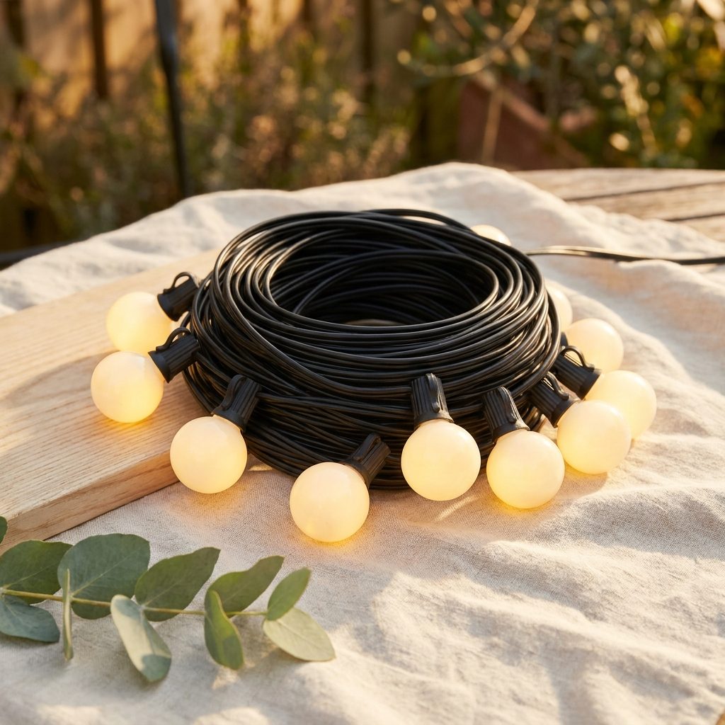 Outdoor-Lichterkette mit runden G40-Glühbirnen, warmweiß, auf schwarzem Kabel
