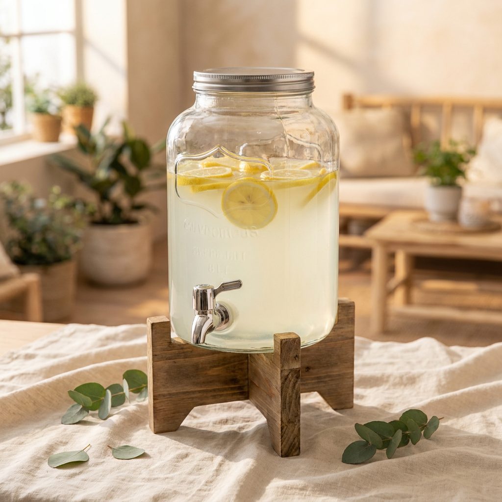 Glas-Getränkespender mit Edelstahl-Zapfhahn auf Holzständer, gefüllt mit Limonade