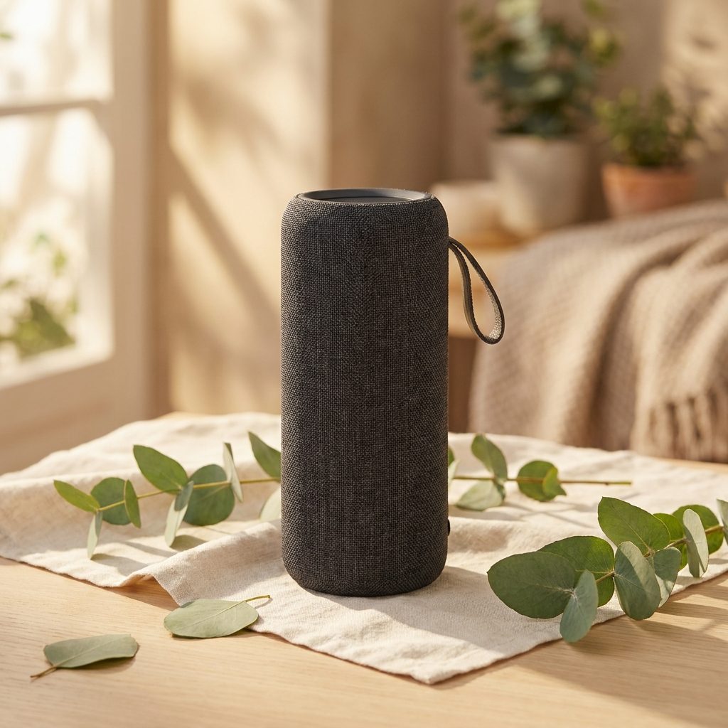Kompakter zylindrischer Bluetooth-Lautsprecher mit schwarzem Stoffbezug, wasserdicht