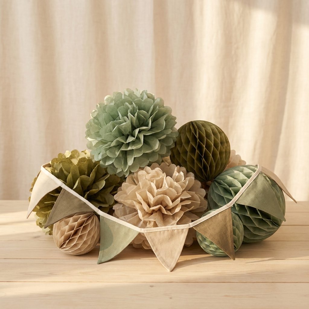 Gartenparty-Deko-Set mit Pompoms und Wimpelkette in Salbeigrün, Oliv und Beige