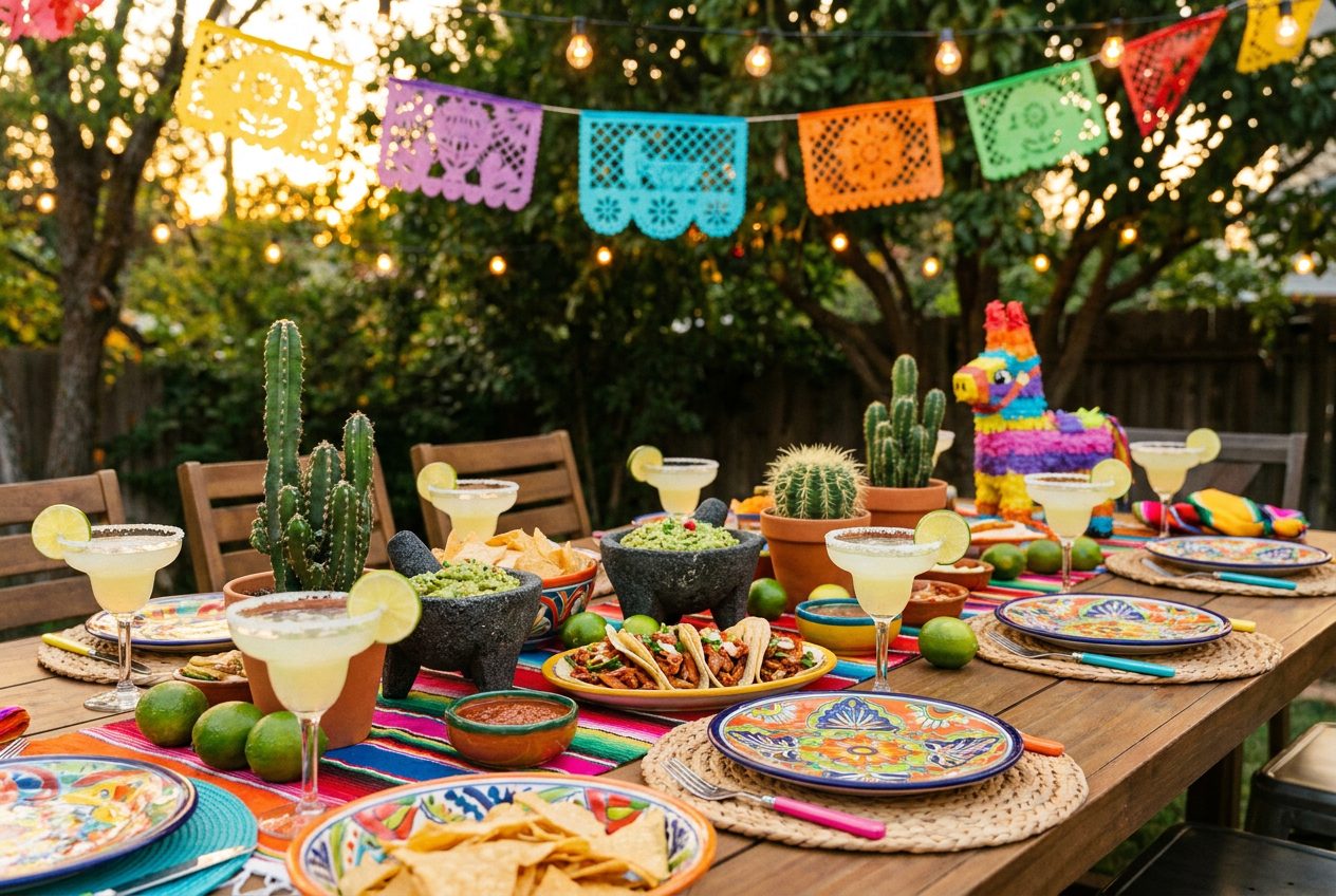 Festlich gedeckter Tisch für eine mexikanische Fiesta mit bunten Wimpelketten, Tacos und Margaritas
