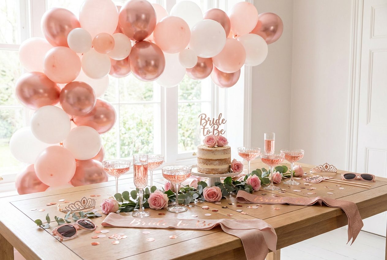 Junggesellinnenabschied-Deko in Roségold mit Ballonbogen, Prosecco-Gläsern und Blumen