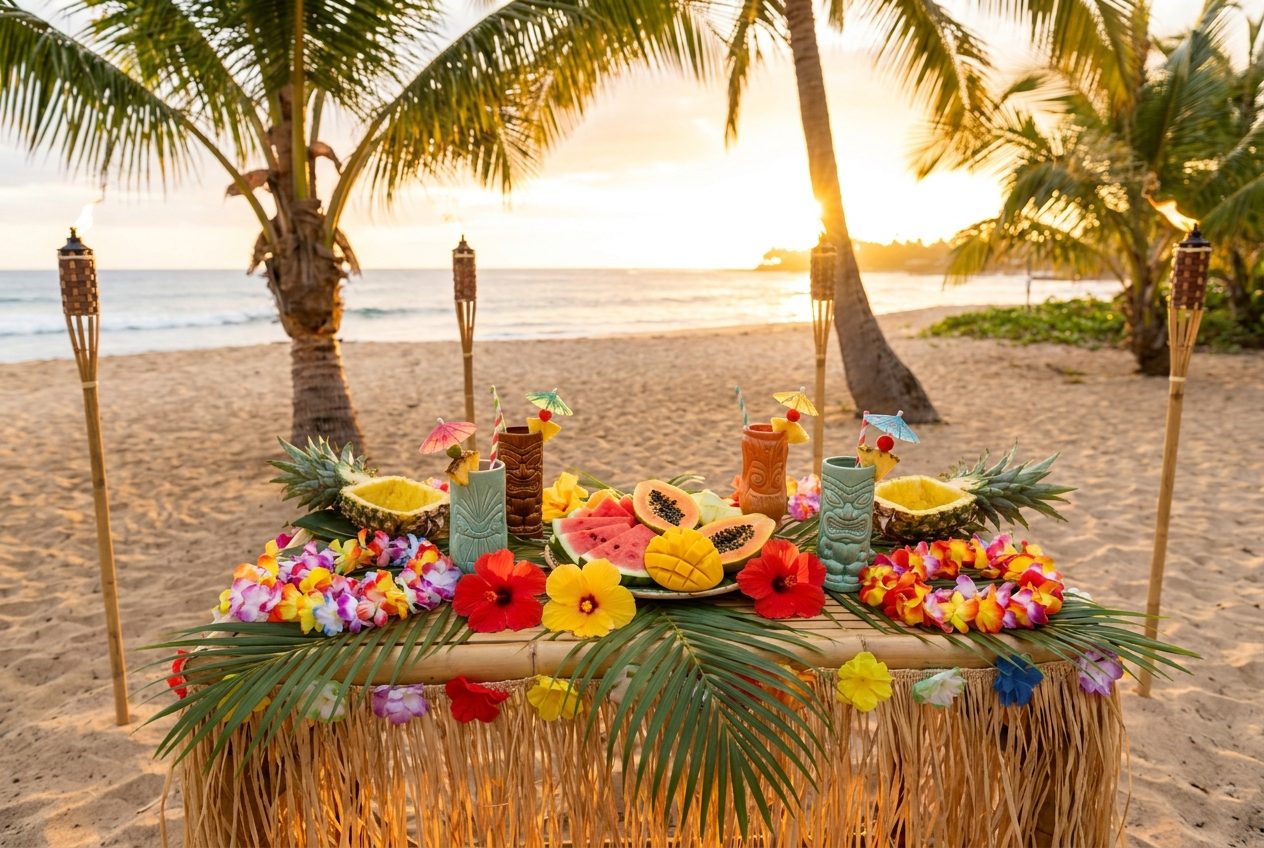 Tropisch dekorierter Tisch für eine Hawaii-Tiki-Party mit Blumenketten, Tiki-Bechern, Cocktails und Palmblättern