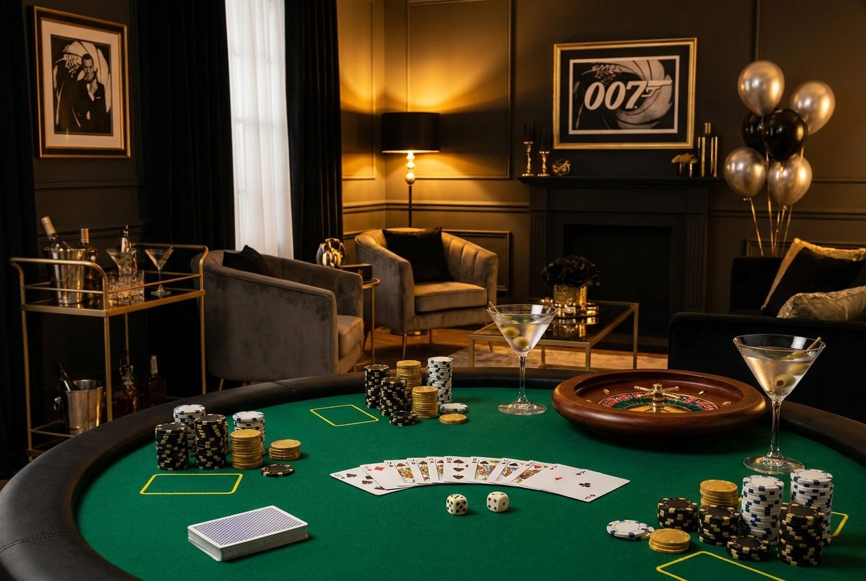 Eleganter Casino-Abend in Schwarz-Gold mit Pokerchips, Spielkarten, Mini-Roulette und Martini-Gläsern