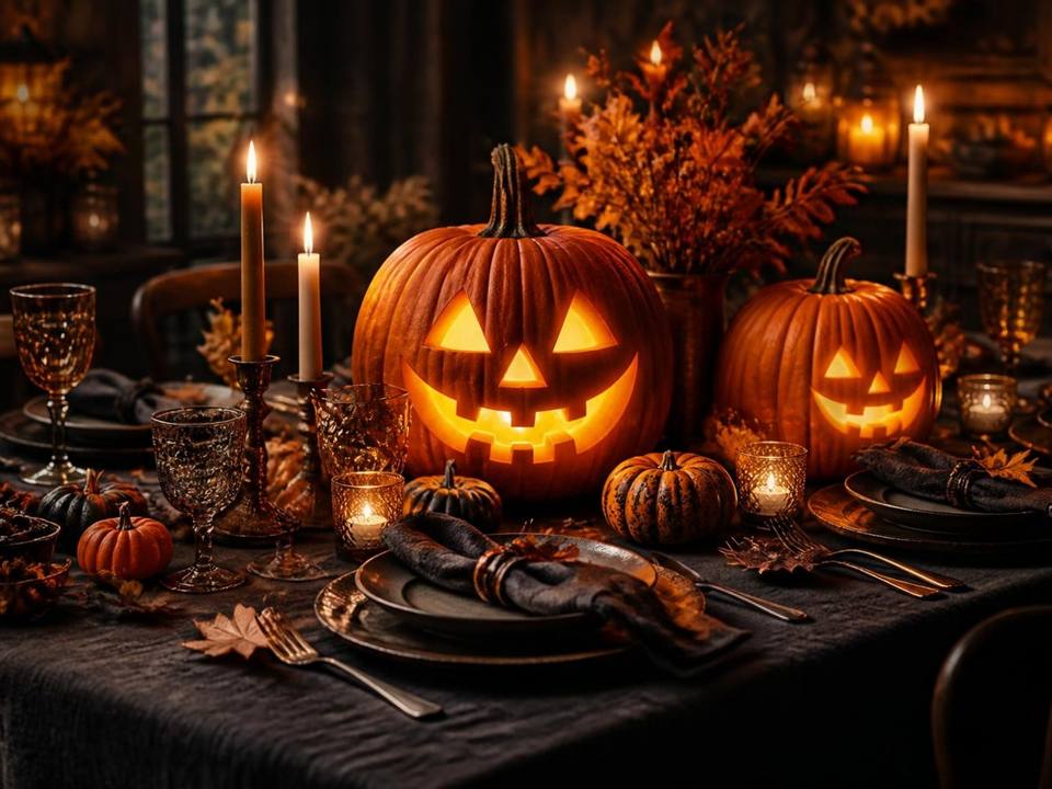 Halloween-Tisch mit leuchtenden Kürbissen und Kerzen