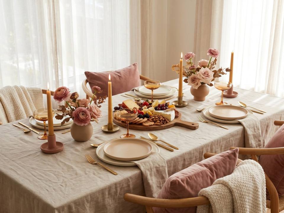 Gedeckter Mädelsabend-Tisch in warmem Beige mit Kerzen, Blumen und Coupé-Gläsern