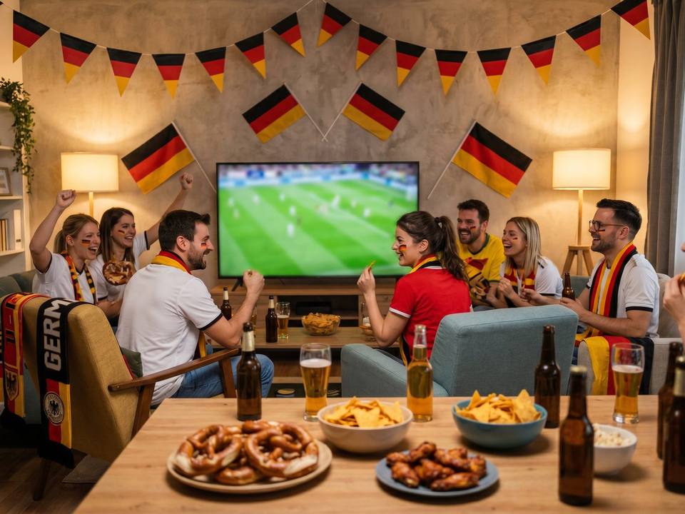 WM-Party zuhause in schwarz-rot-gold mit Fahnen, Snacks und großem Bildschirm