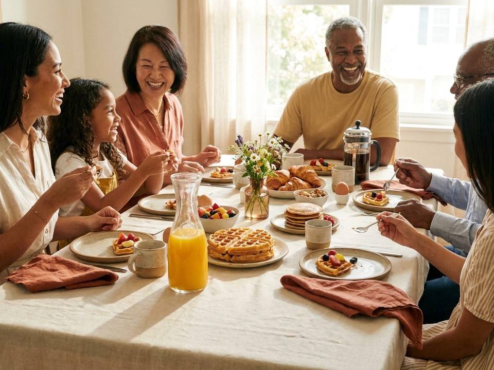 Sonntags Family Brunch Tisch mit Waffeln, Obst, Saft und Kaffee