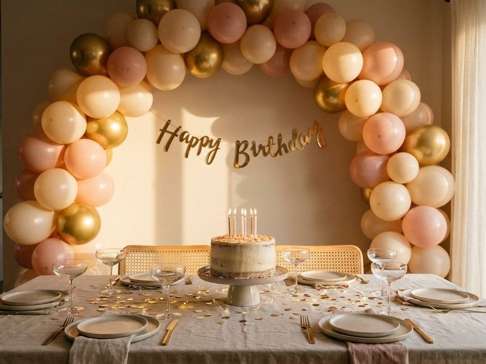 Geburtstag zuhause mit Ballon-Girlande, Torte und Lichterketten