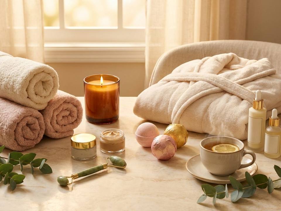 Spa-Abend zuhause mit Kerzen, Masken, Badebomben und Tee