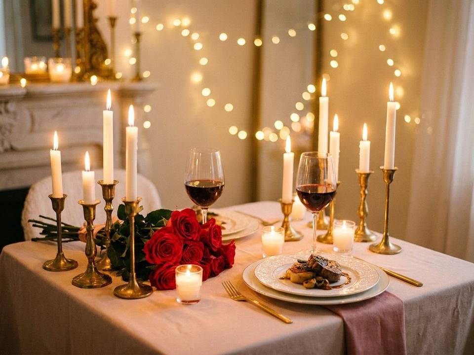 Romantischer Valentinstag-Tisch für zwei mit Kerzen, Rosen und Weingläsern