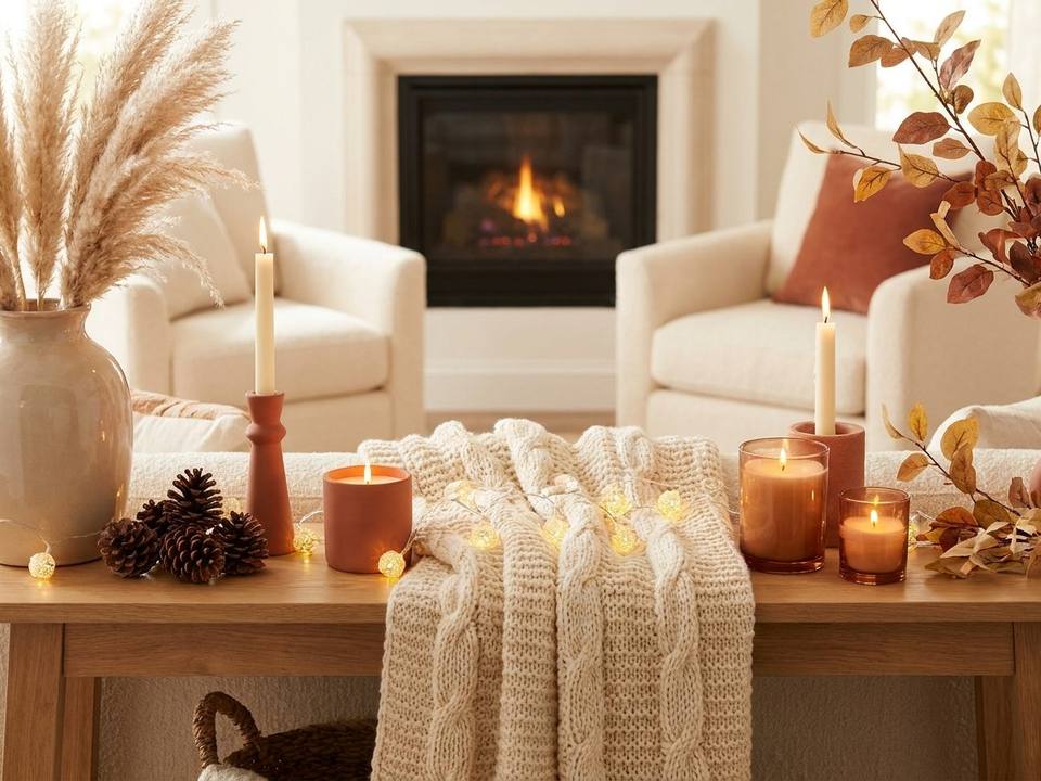 Gem&uuml;tliche Herbst- und Winter-Deko mit Kerzen, Lichterketten, Strickdecke, Trockenblumen und Tannenzapfen