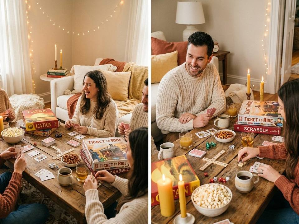 Gemütlicher Spieleabend mit Brettspielen, Karten, Snacks und Lichterketten