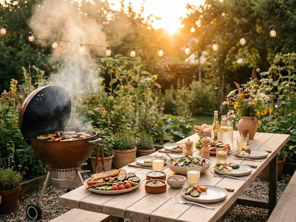 Grillabend im Garten mit Grill, gedecktem Tisch und Lichterketten