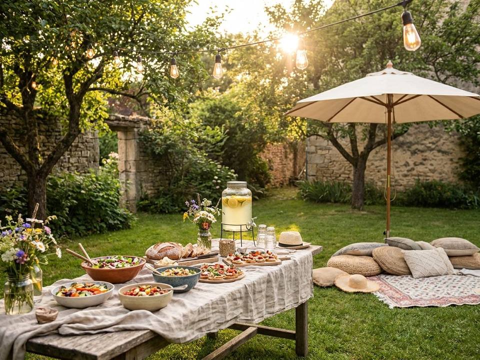 Sommerliche Gartenparty bei Sonnenuntergang mit langer Tafel, Getränkespender und warmen Lichterketten