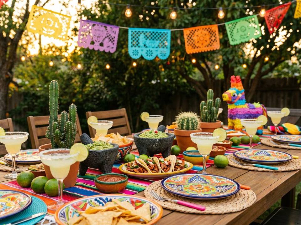 Festlich gedeckter Tisch für eine mexikanische Fiesta mit bunten Wimpelketten, Tacos und Margaritas