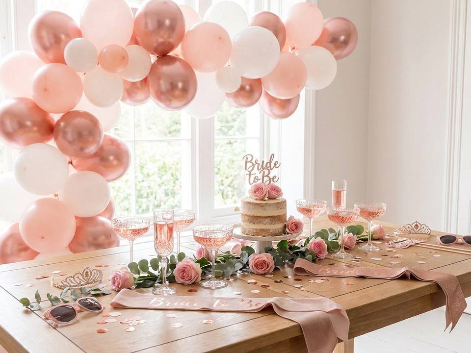 Junggesellinnenabschied-Deko in Roségold mit Ballonbogen, Prosecco-Gläsern und Blumen