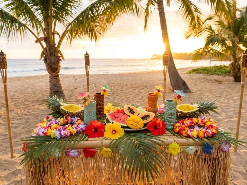 Tropisch dekorierter Tisch für eine Hawaii-Tiki-Party mit Blumenketten, Tiki-Bechern, Cocktails und Palmblättern