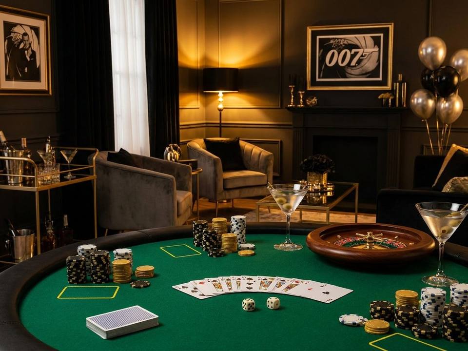 Eleganter Casino-Abend in Schwarz-Gold mit Pokerchips, Spielkarten, Mini-Roulette und Martini-Gläsern