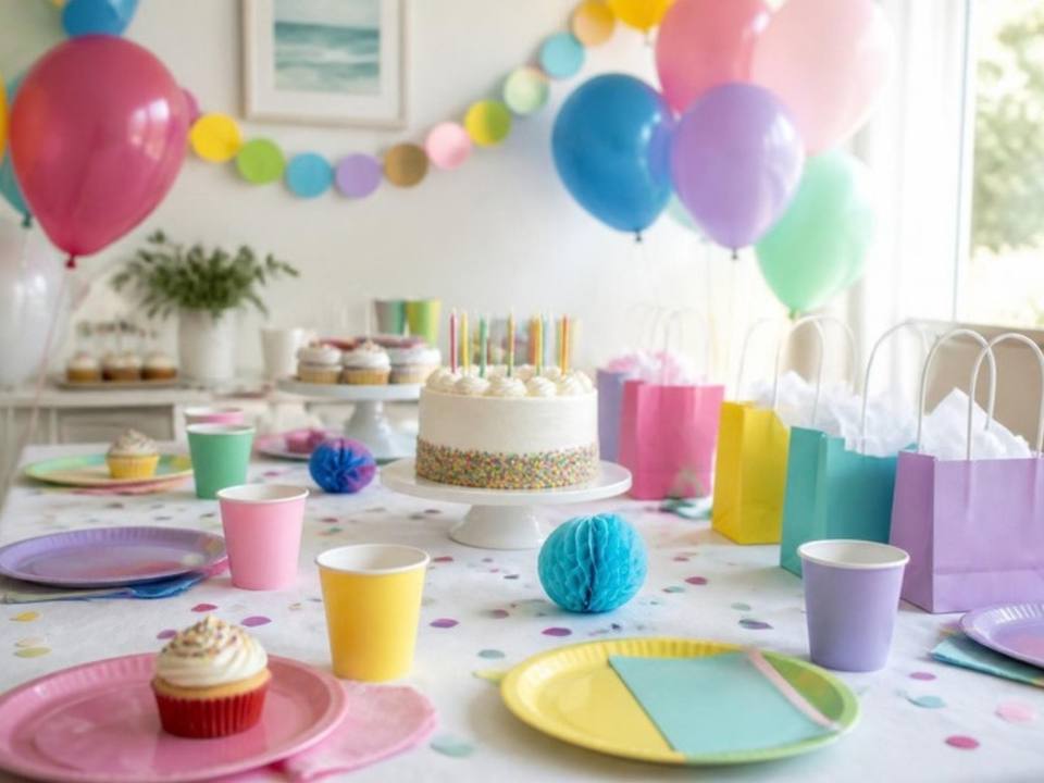 Bunter Kindergeburtstag-Tisch mit Kuchen und Luftballons