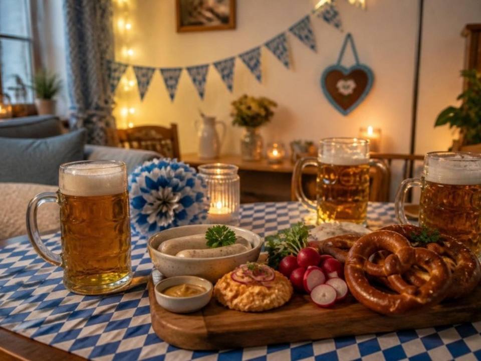 Oktoberfest zuhause: Tisch mit weiß-blauer Rautendecke, Maßkrügen, Brezn, Weißwürsten, Obatzda und Radieserl, dahinter Wimpelkette und Lebkuchenherz