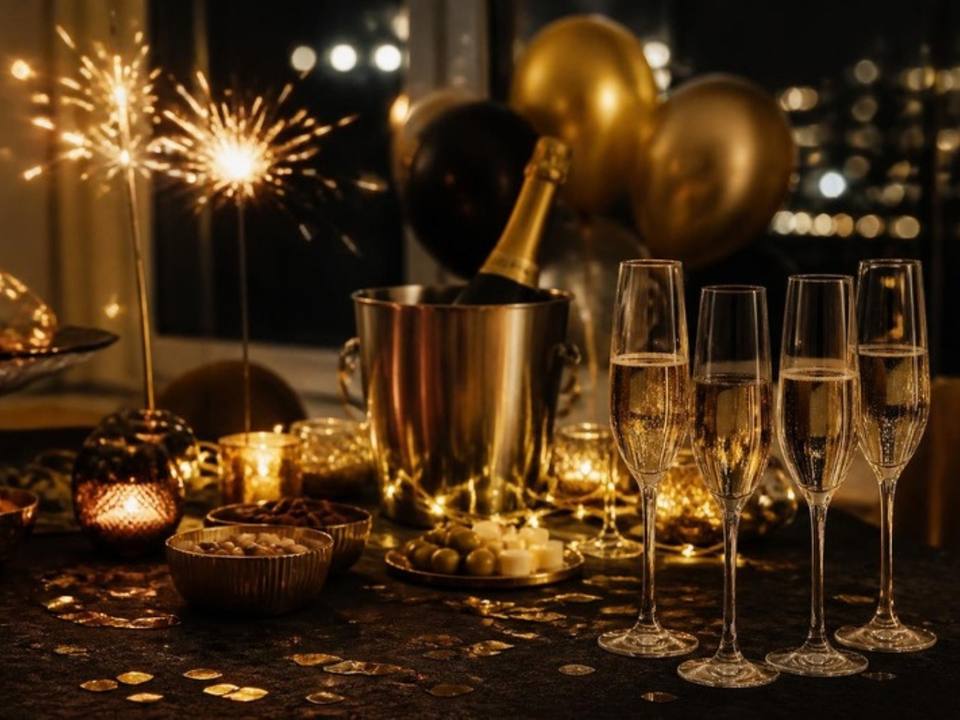 Silvester-Tisch mit Sekt, Wunderkerzen und goldenen Luftballons