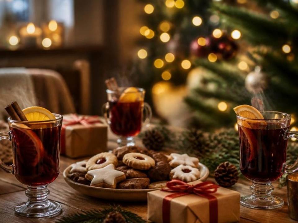 Glühwein, Plätzchen und Geschenke vor dem Weihnachtsbaum