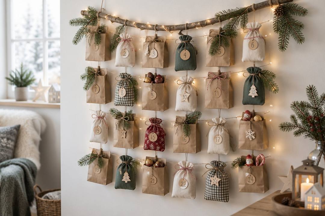 Selbst gemachter Adventskalender: 24 Stoff- und Papiersäckchen mit Zahlenanhängern an einem Ast mit Tannengrün und Lichterkette